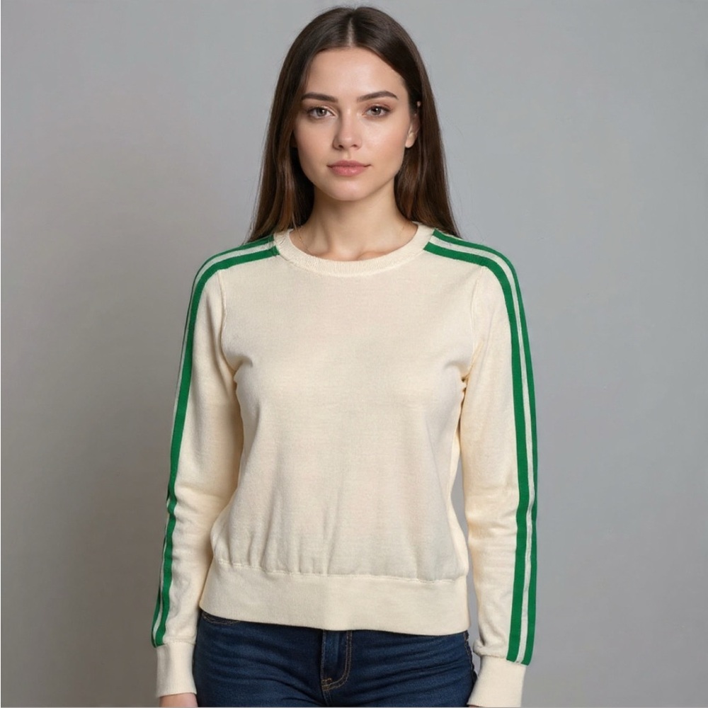 From Future 100% Wool Pullover Crewneck Sweater‎ XS Green Stripe Ivory White